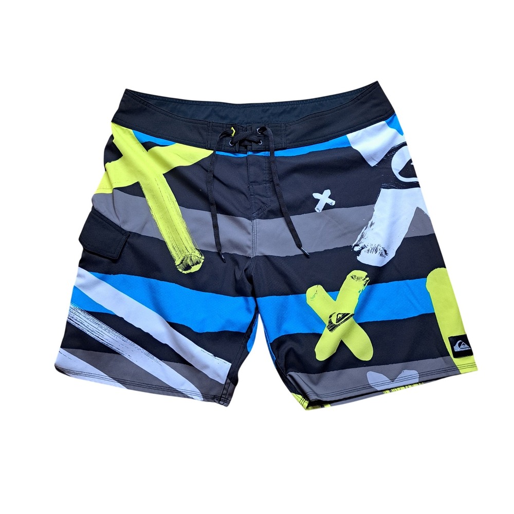 Quiksilver Board Shorts Mens 36 Black Multi Graphic Excellent Cargo Pocket Surf
